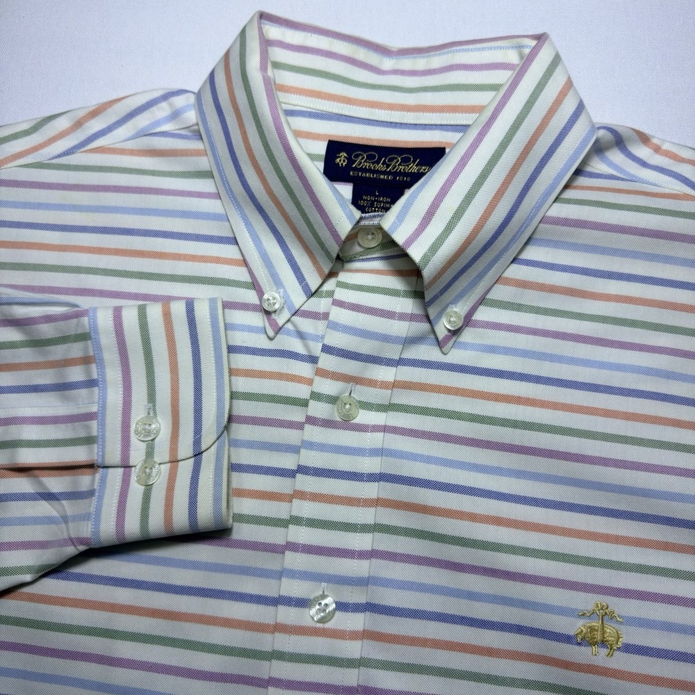 Brooks Brothers Large No Iron Supima Cotton Striped Button Down Multi Color Gold